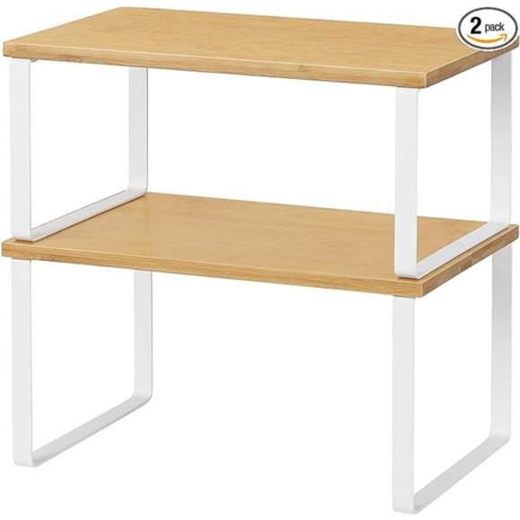 Bamboo Kitchen Cabinet and Counter Shelf Organizer,  White and Natural - Picture 2 of 6